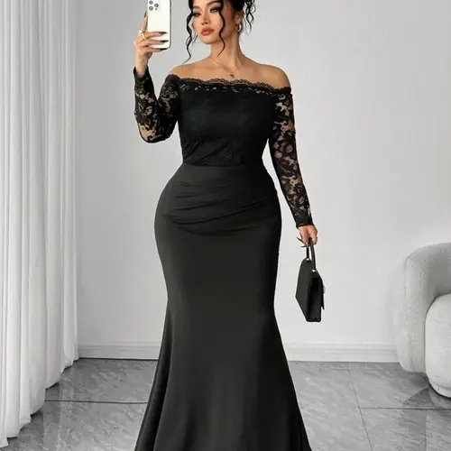 Plus Size One-Shoulder Lace Mermaid Dress, Women, Elegance, Elegant, Chic, Stretchy Comfortable Fabric, Cocktail Dresses, Perfect for Cocktail Parties, Weddings, Dates, Birthdays, Night Out