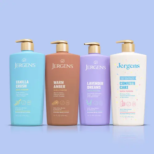 Jergens Shea Fusions Body Lotion 2 Pack Bundles - 14oz NEW Confetti Cake and Cherry Swirl, Vanilla Crush, Lavender Dreams, Sparkling Berry, Warm Amber