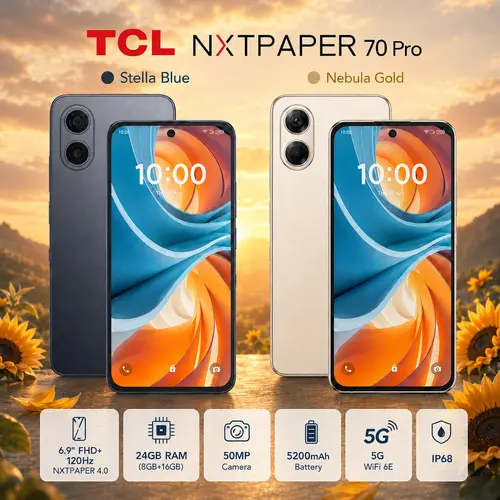 TCL NXTPAPER 70 Pro Unlocked Smartphone, Android Cell Phones, 24GB RAM (8+16), 128GB Storage, 6.9" FHD+ 120Hz NXTPAPER 4.0 Display, 50MP Main Camera, 5200mAh Battery, 5G WiFi 6E, IP68, AI Tools, Stella Blue Cellphone Mobile