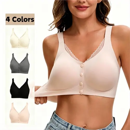 4 Pcs Summerwins Women's Nylon Seamless Soft Wirefree Push-Up Bra Elegant Wide Strap, Front Button, Multiway Internal Support, Ultra Soft Breathable Fabric, Everyday T-Shirt Lingerie, Basic Pink V-Neck Minimalist Vneck