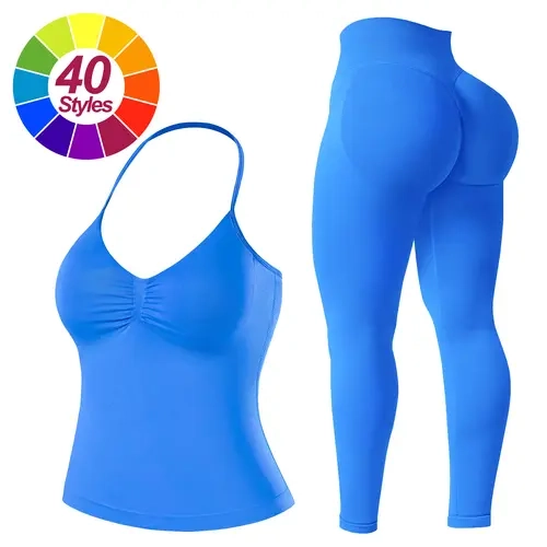 RICH BRIA Two-Piece Sporty Sets, Seamless Built-in Bra Halter Tank Top with Mid Waist Impact Leggings Workout Sets for Yoga Fitness, High Stretchy Breathable & Comfortable Activewear All Season Sports Outfit Fitness Sportswear Set Gym Yoga Wear