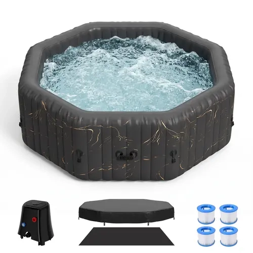 ABORON 77"x77"x25" Octagonal Inflatable Spa Hot Tub for 4-6 People, Portable Setup with Quick Heating Heater Pump, 130 Air Jets, Energy-Saving Cover, Water Filtration, Hard Water Treatment, Weatherproof Seams, Construction-Friendly Design for Outdoor Use