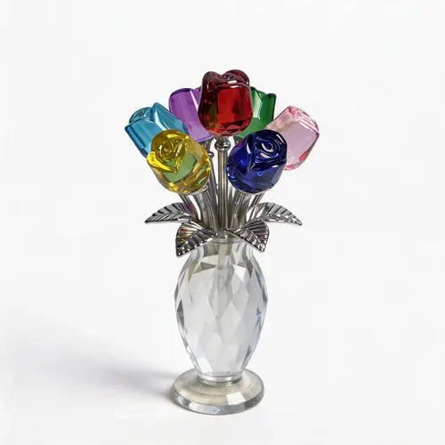 Eternal Reflective Ruby Crystal Rose Bouquet - 5.7in Palm-Size Luxury Decorative Purple-Red Artificial Flowers, Class of 2026 Gift for Daughter, Home Desk Vase Accent with Rainbow Glow of Success