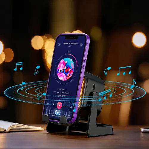 5-in-1 Wireless Magnetic Bluetooth Audio Speaker Stand - 3500mAh Battery Powered Charger, 360° Adjustable Phone/Tablet Holder, LED Light Smart Ambient Glow, Rechargeable, Hands-Free Viewing, Compatible with iPhone 18 Series, Gift Idea for Music Lovers