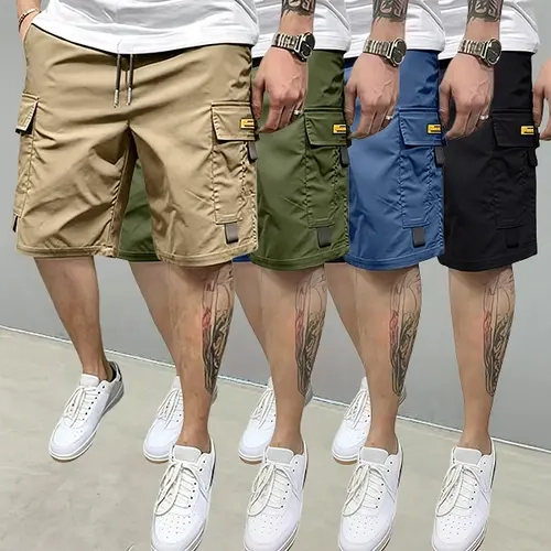 Men’s summer 4-piece set of solid-color cargo casual shorts, made of 100% polyester fiber. Comfortable, breathable fabric suitable for hiking and camping, streetwear, sports fitness, and everyday outings.