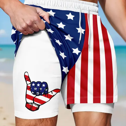 Men's American Flag Two-In-One Shorts, Patriotic Liner Beach Sports Shorts, July 4th Independence Day Surfing Gym Shorts