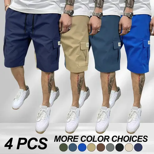 Men’s summer quick-dry cargo shorts, knee-length, available in multi-pack options; loose straight-leg design with multiple pockets and an elastic waistband that can be adjusted with a drawstring; comfortable, breathable casual shorts suitable for home lei