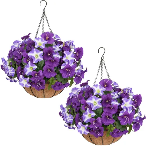 2-Piece Artificial Hanging Morning Glory Set - Realistic Silk Florals, UV-Resistant, Botanical Aesthetic Daily Home Decor, Outdoor Floral Arrangement for Porch, Garage, Artificial Hanging Plant and Flower Basket