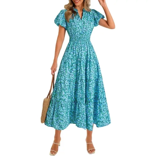 Wenrine Women's Bohemian Classic Ankle-Length Floral Maxi Dress - Casual V-Neck Short Puff Sleeves, Smocked Waist, Minimalist Loose Fit, Pockets, Vibe for Going Out