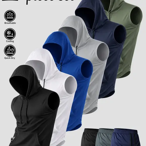 6-Color Men's Workout Sets Gym Vibe Sleeveless Hoodies and 2-in-1 Shorts Quick Dry Moisture Wicking Athletic Outfits Hooded Tank Tops Mesh Training Shorts Running Tracksuit Performance Pack Sports Suit Everyday Activewear Phone Pocket Coords