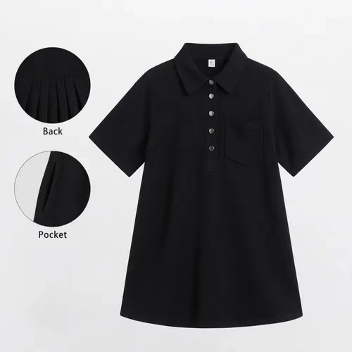 Elengatine Women's Black Plain Knitted Dress - Elegant A-Line Short-Sleeve Collared Polo with Premium Snap-Buttons, Pleated Back Flowy Vibe Ready-to-Wear Women's Clothing for Chic Preppy Summer Sundress Elegance