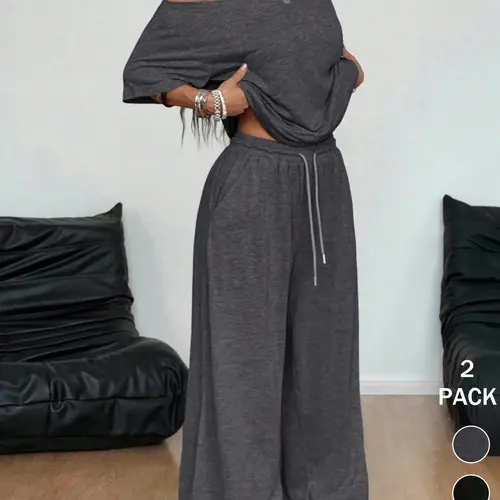 Plus Size Women's Casual Baggy Tee & Pants Set, Two Pieces Outfits, Comfortable Fabric, Asymmetrical Neckline Top & Wide-Leg Pants, Ideal for Daily Wear & Outdoor Activities, Everyday