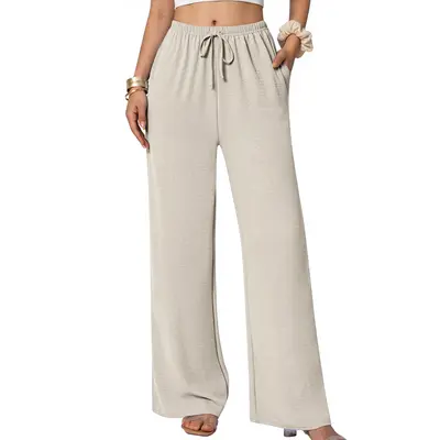 OYV Women's Cotton Linen Palazzo Pants Drawstring Elastic Waist Casual Wide Leg Trousers with Pockets