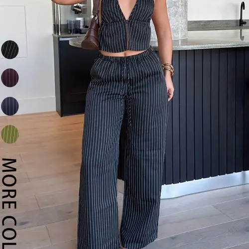 Women's 2-Piece Beach Vacation Set, Deep V-Neck Striped Halter Crop Top, Sexy Tie-Back Design, Loose Wide Leg Pants, Elegant Chic Suit Two Piece