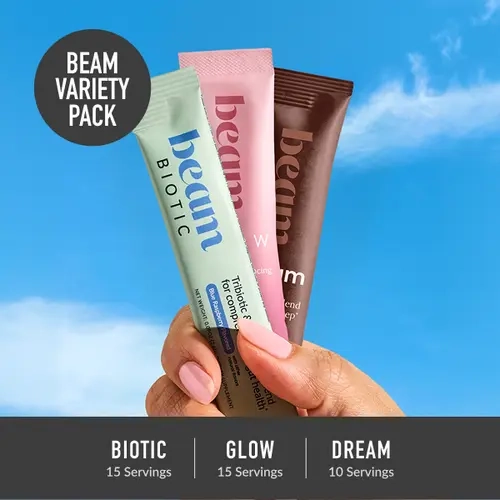 Beam Variety Pack Bundle — Glow 15 Servings + Dream 10 Servings + Biotic 15 Servings for Skin, Sleep & Gut Health (Strawberry Kiwi, Brownie Batter & Blue Raspberry Flavors)