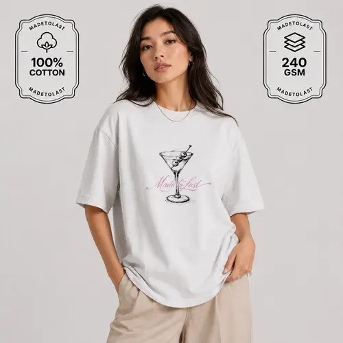 Women's Martini Graphic Oversized Drapey Cotton Tee - MADETOLAST Breathable Everyday Crew Neck Top, Casual Streetwear Apparel, Flattering Fit Printed Tshirt (Recommend Sizing Down)