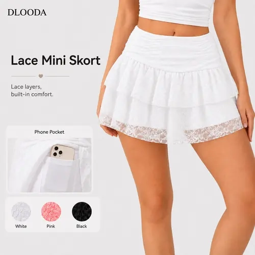 DLOODA Women's Plain Look Lace Skort - Solid, Layered, Tiered, Ruffled, Pleated, Flowy Low-Rise Short Length Pantskirt with Underhalf Slip for Casual Outings