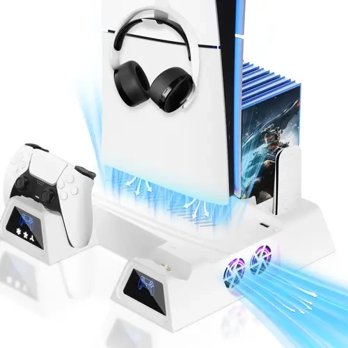 PS5 Controller Charging Base Cooling Bracket - Vertical Stand with 2×65mm Turbo Fans, RGB Lights, 2×USB-A Ports, 14 Game Discs Holder, Gaming Accessories for PlayStation 5/PS5 Pro Controllers & Console