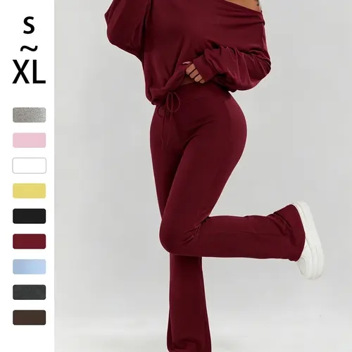 Women's 2-Piece Set, Plain Color, One-Shoulder Long Sleeve Top, High Waist Drawstring Pants, Slim Fit, Casual Style, Spring Summer Fall Winter