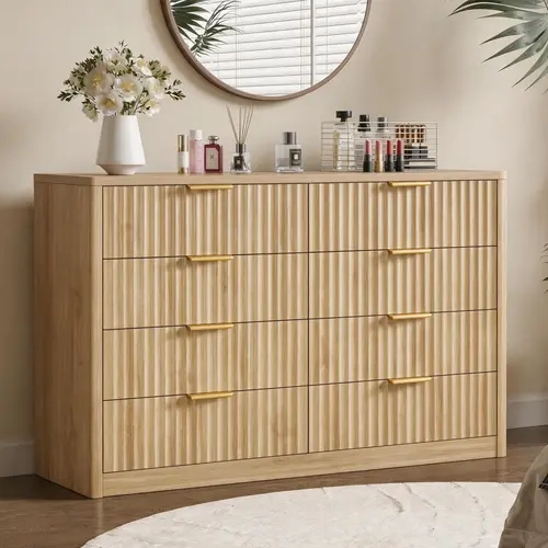 Glam 8-Drawer Fluted Luxe Detail Wooden Bedroom Dresser - 47'' Wide, 8+6 Drawer Sort, Gold-Tone Elegance Handles, Adjustable Compartments, 15 - 20 Kg Capacity, Spacious Storage, Furniture, Assembly Required