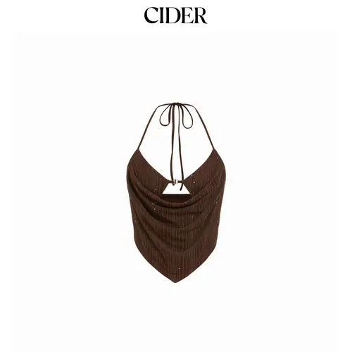Cider Metallic Textured Sweetheart Halter Neck Cowl Metal Detail Crop Cami Top