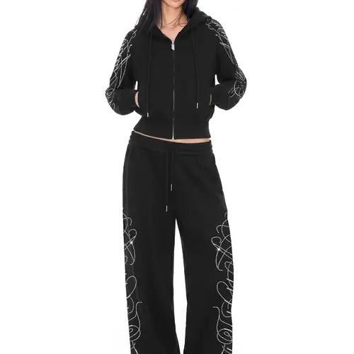 FDR Women’s Rhinestone Handwritten Letter Hoodie & Sweatpants Set, Cropped Zip-Up Sweatshirt,Heavyweight Relaxed Fit Casual Two-Piece Outfit, Versatile Streetwear for Daily Wear