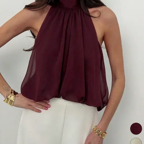 Women's Pleated Back Tie Front Sleeveless Shirt, Casual Office Wear, Slim Fit, Plain Surface, Unlined, Weighted at 88.2g/m²