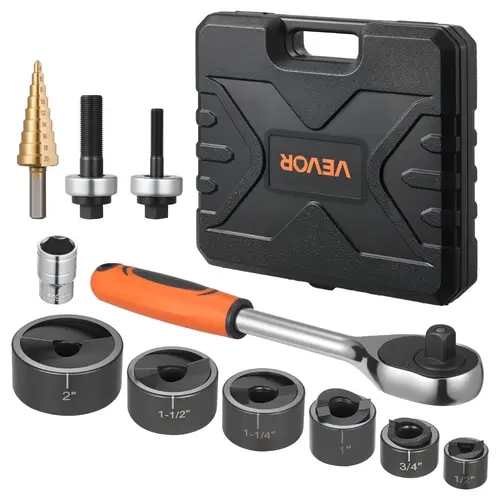 VEVOR 40Cr Alloy Steel Corrosion-Resist Ratchet Knockout Punch Set, 6 Round Dies (1/2-2 in/19.05mm Max), Ratcheting Wrench Set with Laser Scale, Tool Kit for Home & Workshops, Aluminum/Mild Steel Use