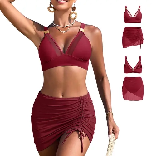 Women's High Waisted Bikini Set Two Pieces Swimsuits V Neck Tummy Control Bathing Suits with Cover Up for Ladies