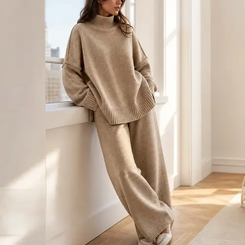 Arssm Women’s 2 Piece Sweater Lounge Set – Mock Neck Knit Top & Wide Leg Pants, Casual Fall Matching Sweatsuit Tracksuit Outfit for Cozy Travel & Daily Wear Sohochic