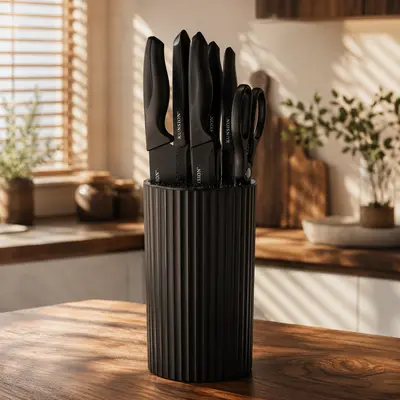 Knife Set, 8-Piece Kitchen Knife Set for Chef, Sharp Knife Set with Universal Knife Block, Anti-Rust Kitchen Knife Block Set, (Black) Stainless Steel Cutting
