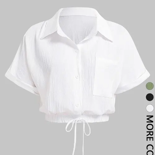 1 Piece Women's Crop Shirt, Collared Button Down Short Sleeve Adjustable Drawstring Hem Cropped Blouse with Pocket, Collared Lapel Blouse, Loose Fit Minimalist Casual Top, Figure Flattering for Office Work Daily Wear Vacation Brunch Going Out