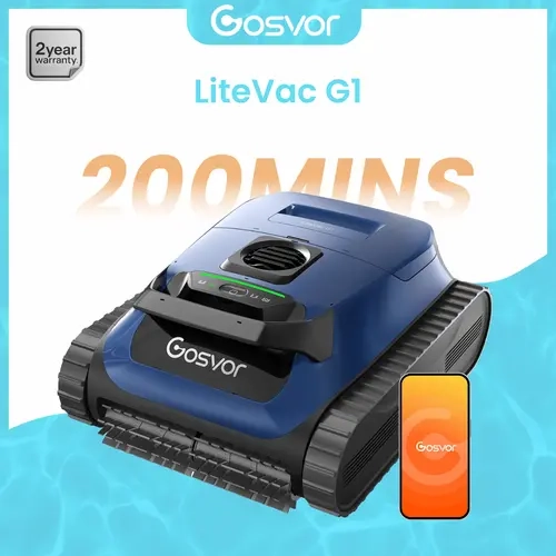 (2026 New) Gosvor LiteVac G1 Robotic Pool Vacuum - Automatic Cordless Rechargeable Cleaner, Wall/Waterline/Platform Cleaning, 15.2 lbs Ultra-Lightweight, 200-Min Runtime, Double Filtration, Smart Navigation & App Control Modes, For 2153 sq.ft Pools, Autom