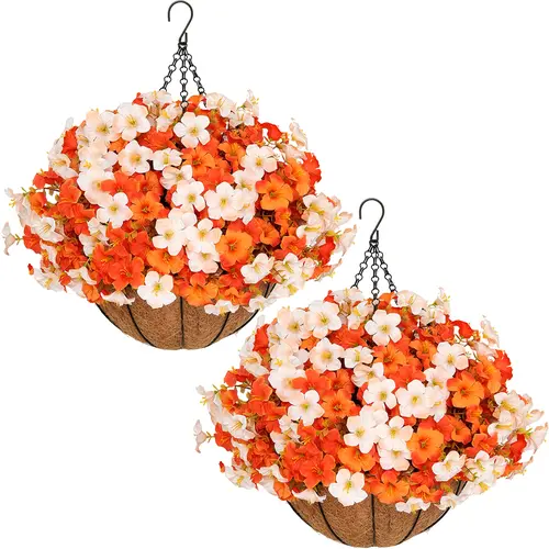 2 Pcs Easy-to-Decorate Artificial Autumn Morning Glory Hanging Baskets - Includes 2 Hanging Pots,24 Artificial Flowers - House Decor,Front Porch Enhancer