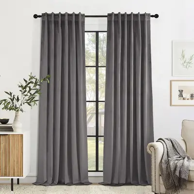 Grey Velvet Curtains 90 Inches Long for Bedroom Back Tab Blackout Boho Drapes for Living Room 2 Panels