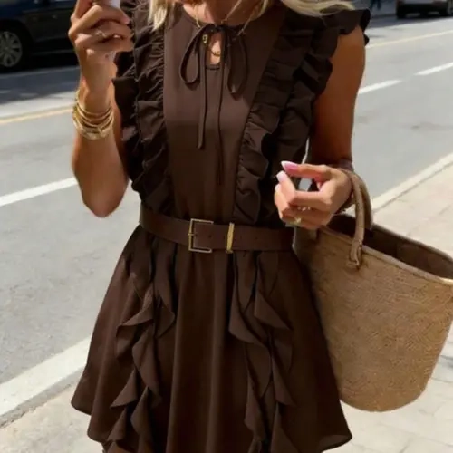 Women's Bohemian Ruffle Batwing Design Summer Dress, Waist-Cinch Slim Fit Mini Skirt, Stylish, Casual and Comfortable for Everyday Wear