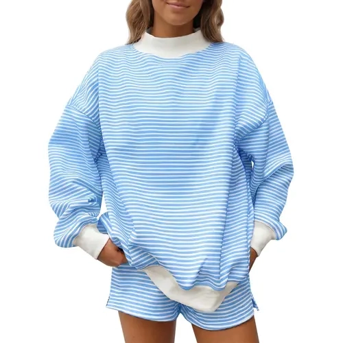 FISOEW Women's 2-Piece Striped Loungewear Set - Adjustable Drawstring Shorts, Print Mock Neck Oversized Sweatshirt, Breathable Matching Fabric, Perfect Fit Casual Tracksuit, Sets for Women 2 Piece