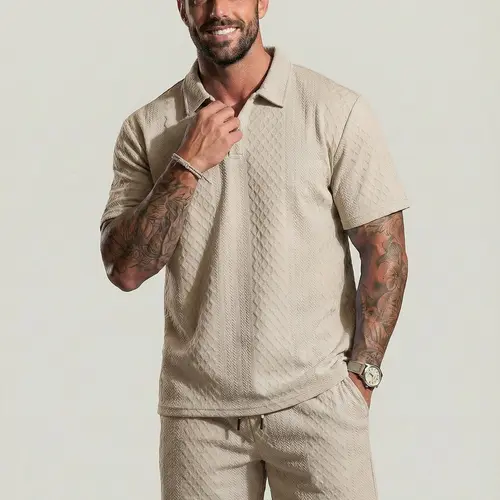 KZZ Men's 2-Piece Classic Short-Sleeve Plain Polo Shirt & Drawstring Waist Shorts Set, Stylish Cozy Breathable Fabric Menswear Outfit for Daily Outdoor Wear,father'sdaygifts