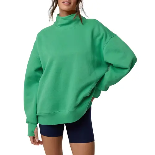 Fisoew Women's Lady Basic Oversized Mock Neck Fleece Sweatshirt - Long Sleeve Pullover with Thumbholes, Comfortable Fit, Layering Top Combo for Chilly Day Casual Loungewear (Long Sleeve Tops Women)
