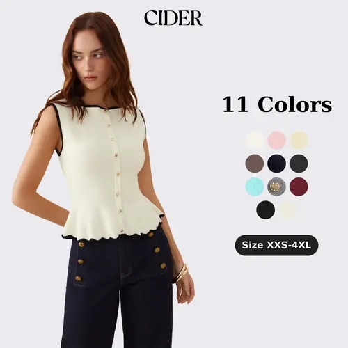 Cider Knit Boat Neck Colorblock Ruffled Hem Metal Button Vest