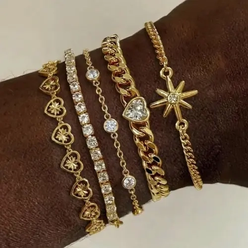 Tewiky Women's 14K Gold Plated Stackable Beautiful Bracelets Set - Waterproof, Non-Tarnish, Minimalist Gold Jewelry with Herringbone, Cuban Link, Paperclip, Heart Pendant, Thin Zirconia, Star Chains - Casual Female Gift for Anniversary