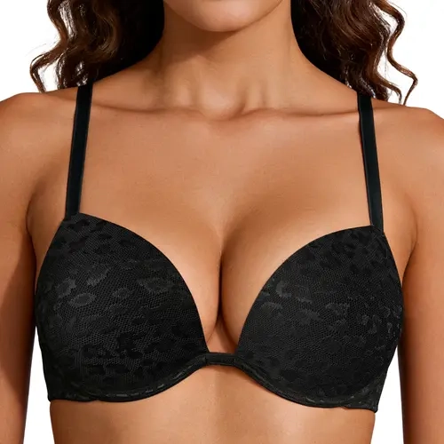 WingsLove Deep V Plunge Underwire Leopard Print T-shirt Bra, Comfortable Padded Push-Up Bra, 2 Cups Lift, Soft & Skin-Friendly Fabric for Women