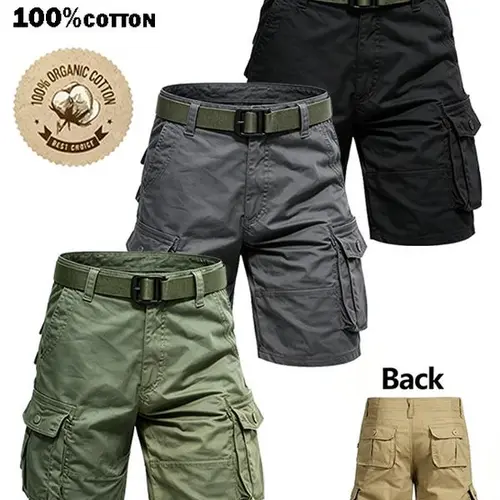 Men's 3-Pack Baggy Cargo Utility Shorts (Army Green + Gray + Black) - Mid-Thigh Length, Cotton, Multi-Compartment Pockets, Wear-Resistant, Wrinkle-Resistant, Breathable, Lightweight, Machine Washable, Menswear, for Golf, Outdoor Hiking