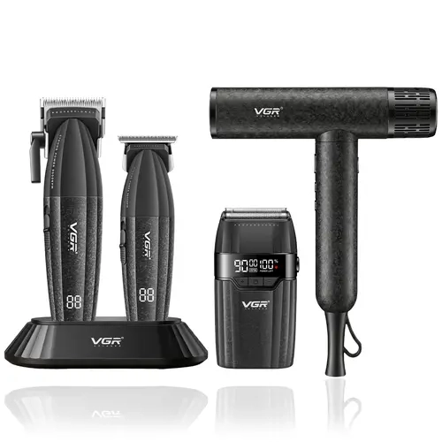 VGR 640 S4 Professional 4-in-1 Barber Combo Kit - Cordless 9000 RPM Clipper, Trimmer, Foil Shaver, 110000 RPM Hair Dryer for Male Grooming (Thick/Curly Hair, Home Haircut, Holidays Gift, 2 USB Charging Cables, Barber Equipment)