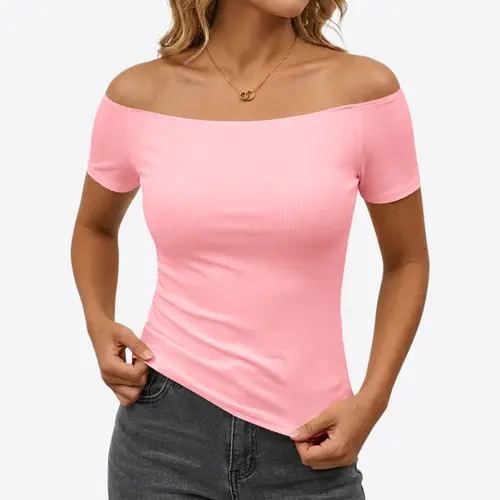 Fisoew Women's Off-Shoulder Short Sleeve T-Shirt - Ribbed Knit Slim Fit Polyester-Spandex (Elastane) Fabric Tee, Lightweight Breathable Stretchy Basic for Everyday, Beach Wear