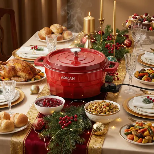 AORAN Multifunctional Dual-Zone Electric Hotpot Cooker - Red Easy-Clean Enamel Corded, Rapid Heat Transfer, Heat Resistant, 2-Zone Control, Non-Stick Coating, Induction Stovetop Compatible, Back to School, Multifunctional Cooker