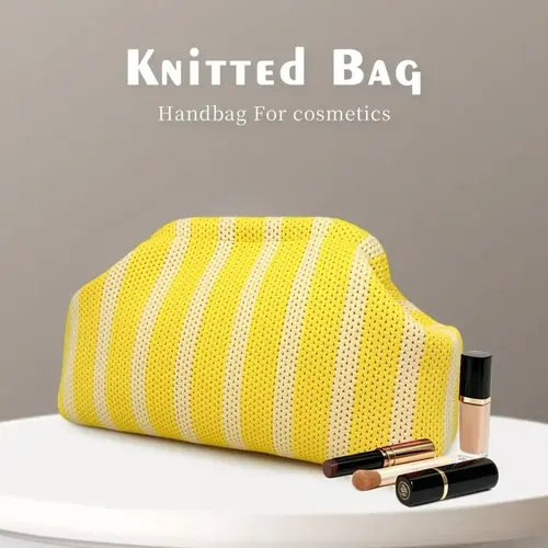 Striped Knit Handbag, Large Capacity Makeup Bag, Cosmetics Bag, Foldable Beach Bag, Elegant Party Evening Bag, All Seasons, Cosmetic Bags