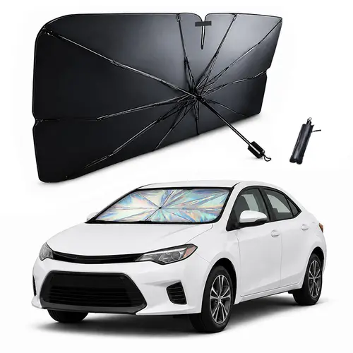 Universal Foldable Polyester Car Window Shades Front Windshield Sun Shade, 1-Click Install, Foldable Storage, UV Protection, Dashboard Fade Prevention, Cooler Cabin, Fits SUVs & Trucks, Road Trips/Camping/Daily Commute Essential Car Accessory