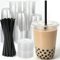 16oz Transparent Shatter-Resistant Disposable PET Plastic Cups Set (100-Pack) - Thick Stackable, Leak-Proof Dome Lids, Black Disposable Straws, Ideal for Takeaway Business, Iced Coffee, Outdoor Events