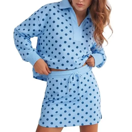 Fisoew Womens Polka Dot 2 Piece Outfits Casual Long Sleeve Sweatshirt Skirt Set Workout Skort Set Matching Lounge Sets